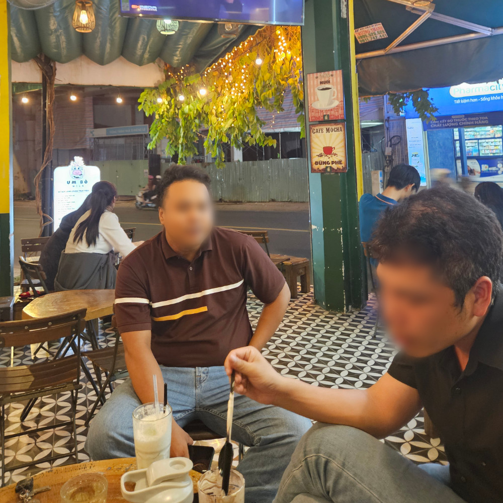 Chatting at nearby local coffee shop